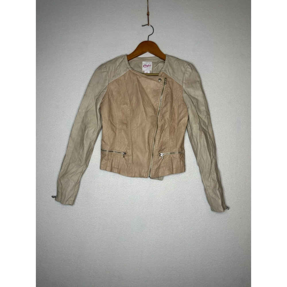 Candies Faux Leather Biker Jacket Lightweight Tan Beige Womens Size Small